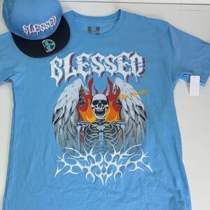 Blessed Blue Graphic Men's Tee & hat Sz Large NWT